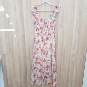 Mine Womens Floral Smocked Midi Dress Size L Multicolor Ruffle Cottage Romantic